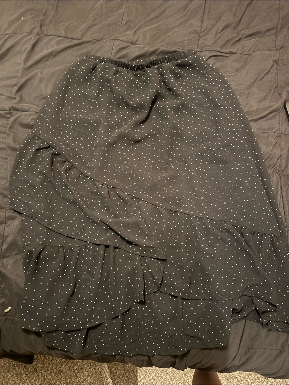 a new day Black Midi Skirt with White Polka Dots and Ruffle Hem